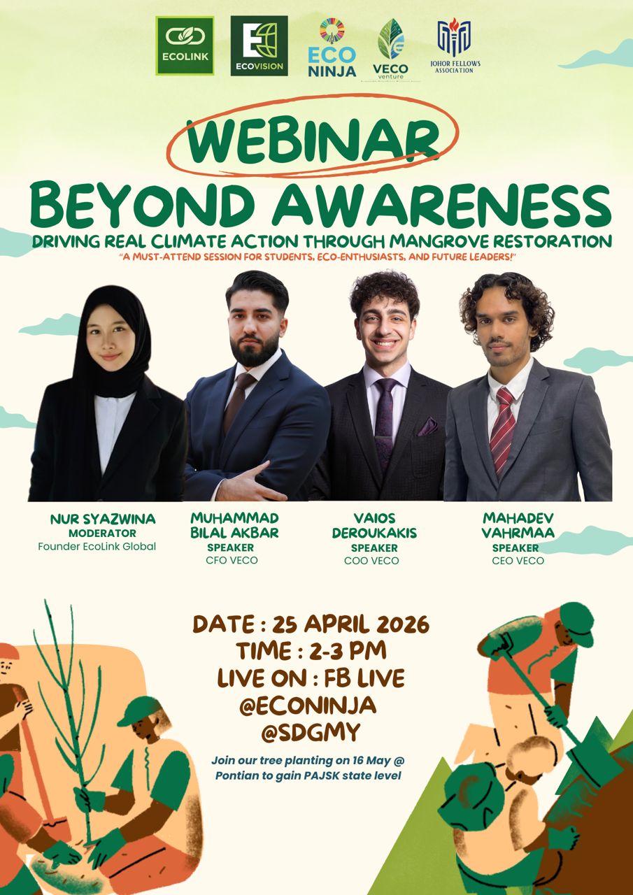 Beyond Awareness — Mangrove Restoration Webinar poster featuring Ecolink and VECO Venture speakers